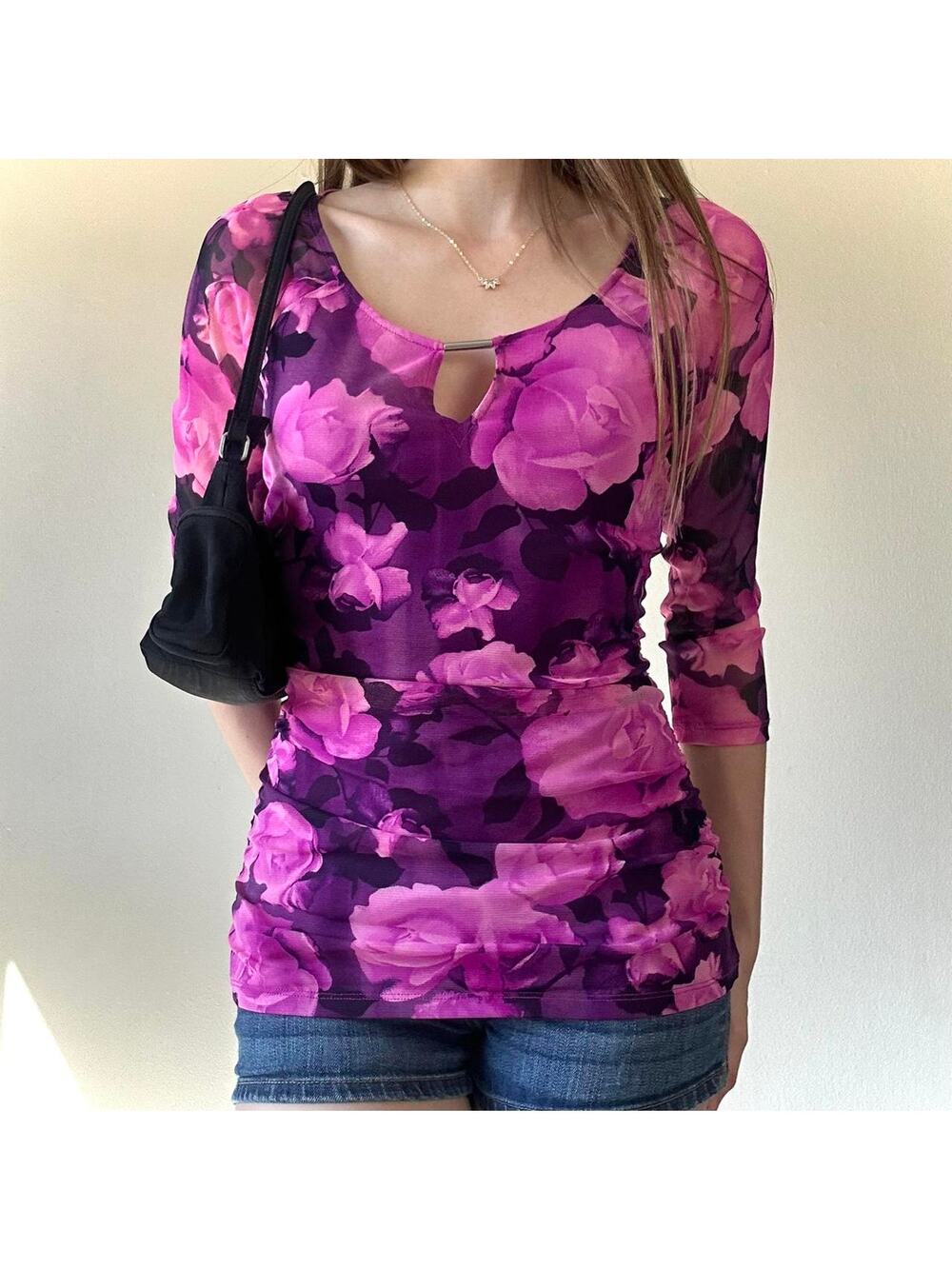 Floral Ruched Fairy Top Keyhole Neckline Rose Print - Tagged Med, Runs Small